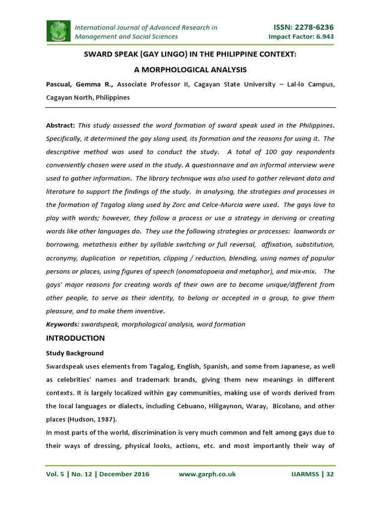 Sward Speak (Gay Lingo) in The Philippine Context: A Morphological ...