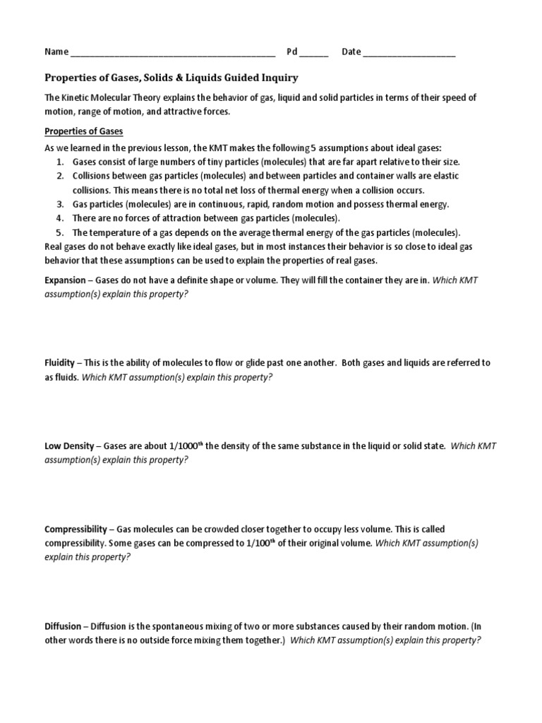 Properties of Solids Liquids and Gases Guided Inquiry PDF Gases