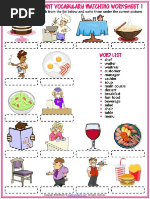 restaurant vocabulary esl matching exercise worksheets for kids pdf waiting staff restaurants