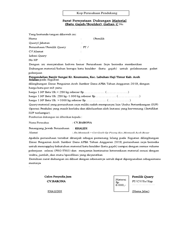 Contoh Surat Dukungan Galian C Pdf