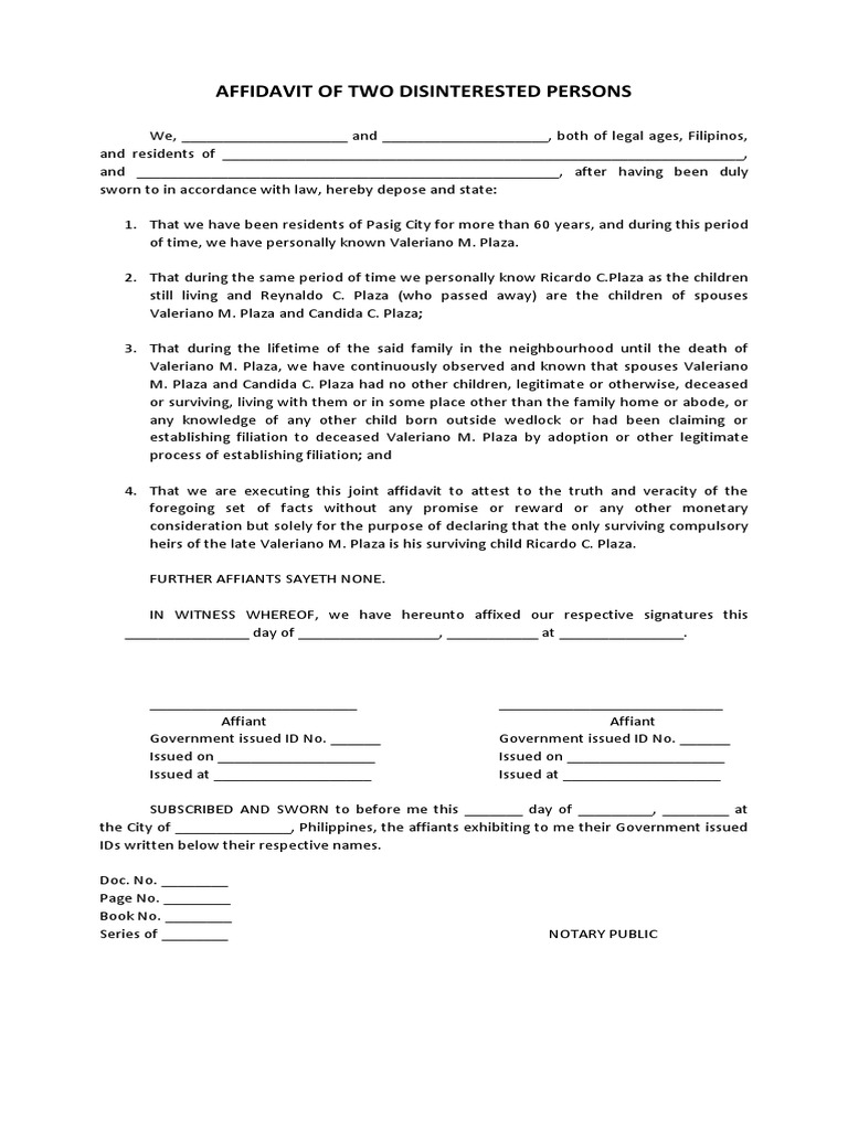 Affidavit-Two Disinterested Persons | PDF | Affidavit | Legal Communication