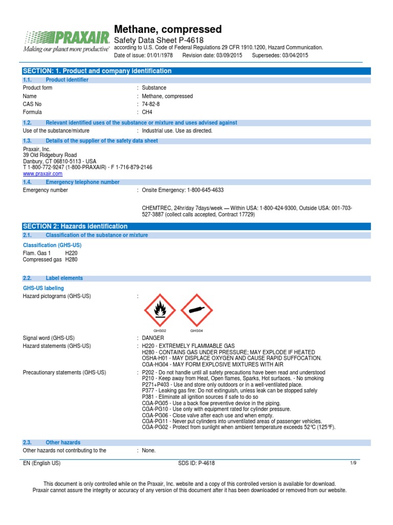 Methane, Compressed Safety Data Sheet P4618 PDF Firefighting Fires