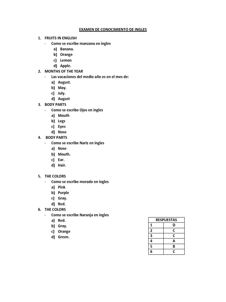 Examen de Conocimiento de Ingles PDF