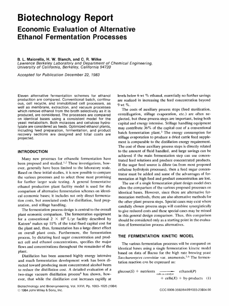 Biotechnology: Economic Evaluation of Alternative Ethanol Fermentation ...