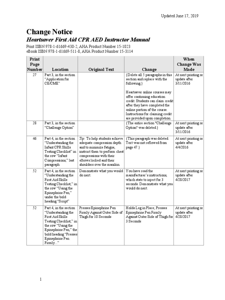 Change Notice: Heartsaver First Aid CPR AED Instructor Manual | PDF ...