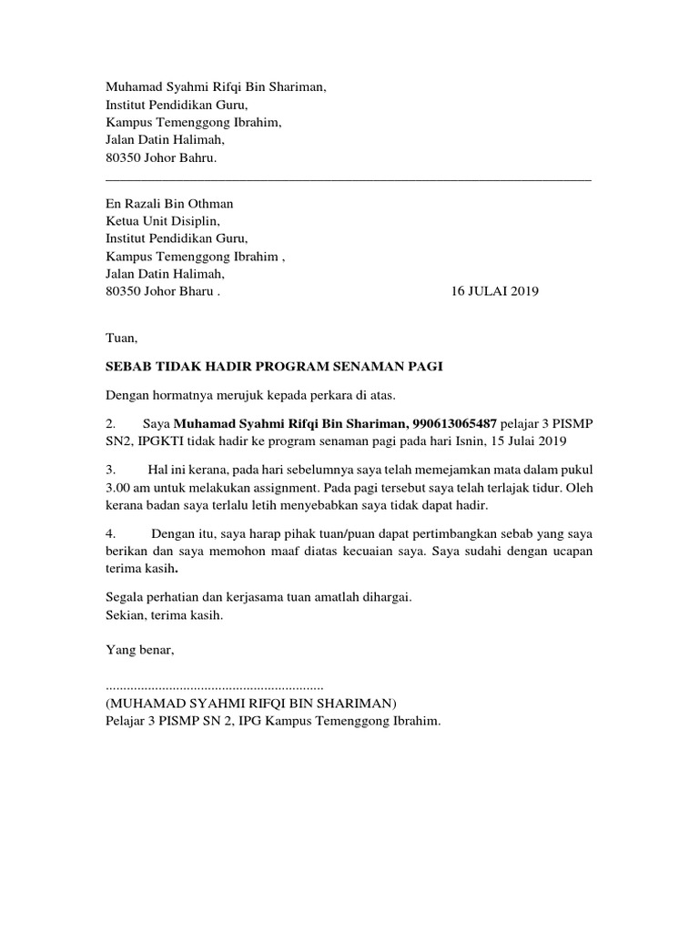 Contoh Surat Tujuk Sebab Kepada Guru Pukul Murid Sekolah