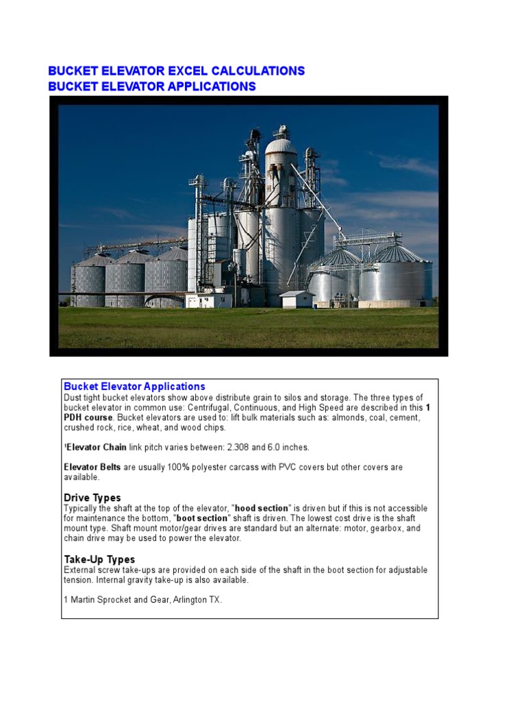 Bucket Elevator Excel Calculations Bucket Elevator Applications PDF