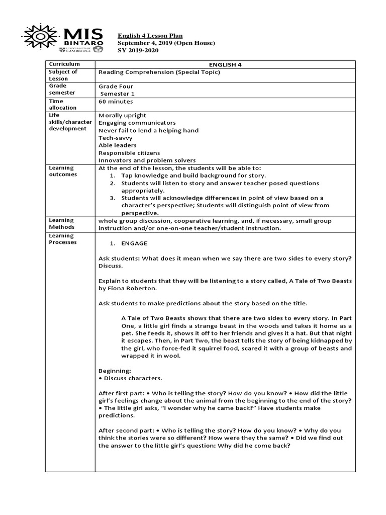 Grade 4 Reading Comprehension Plan | PDF | Fairy Tales | Narration