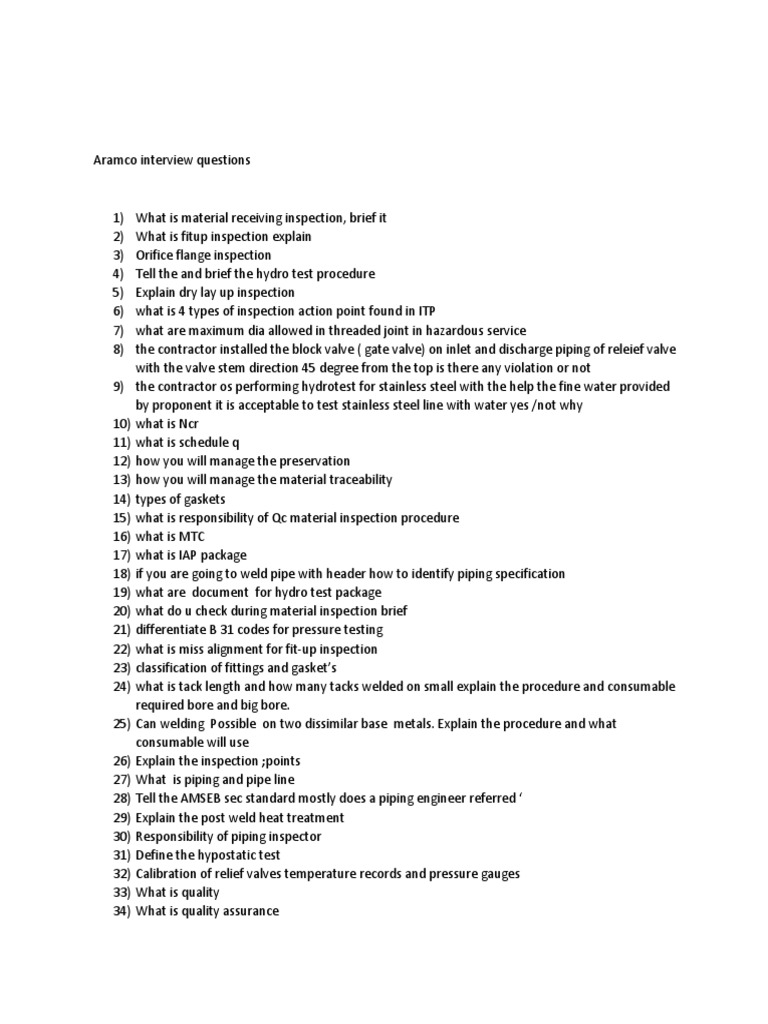Aramco Interview Questions Pipe Fluid Conveyance Valve