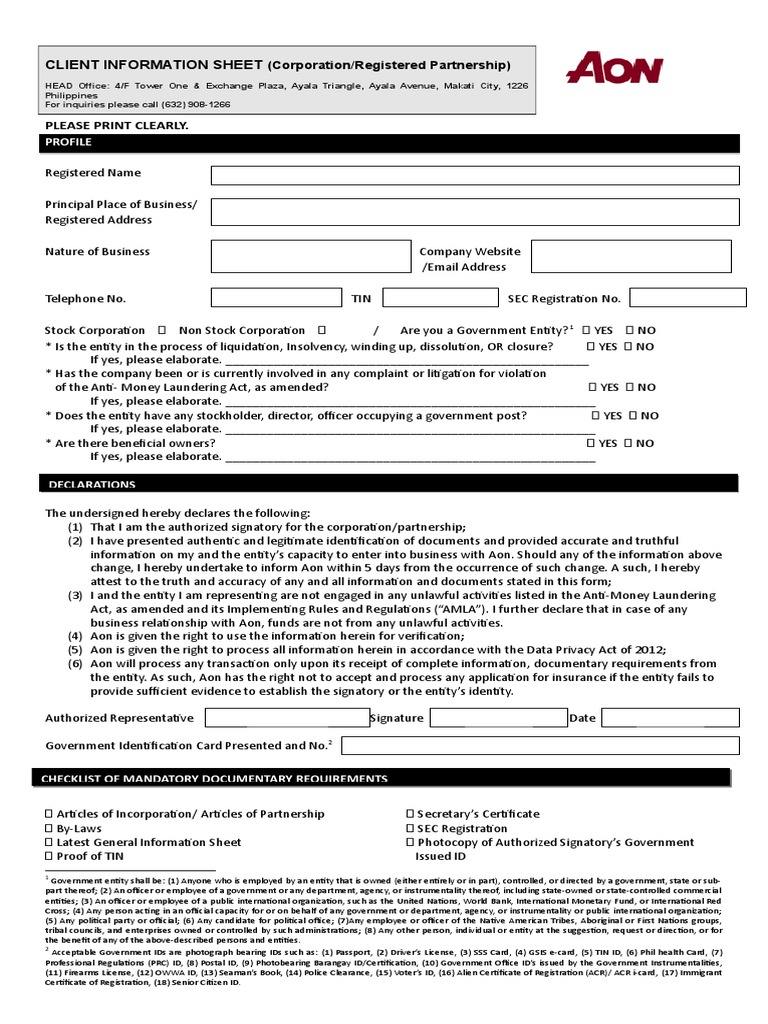 Aon Makati Client Information Checklist | PDF | Identity Document ...