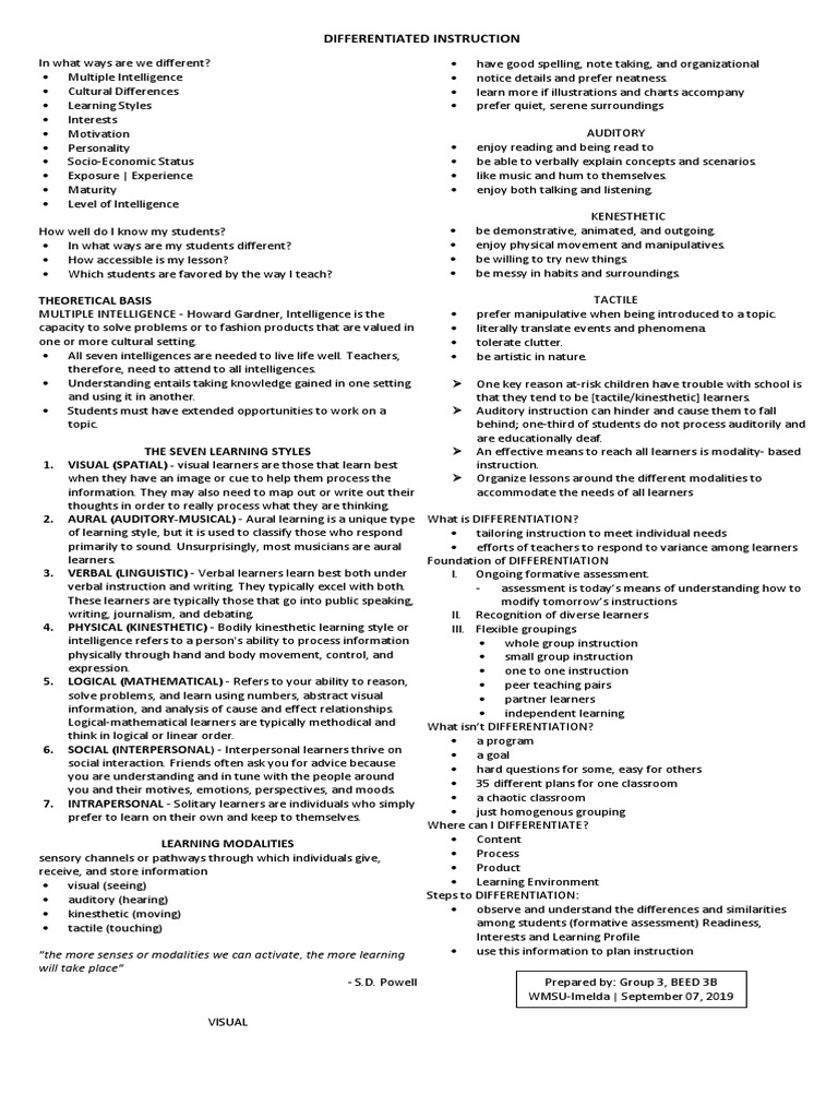 Differentiated Instruction Strategies | PDF | Learning Styles ...