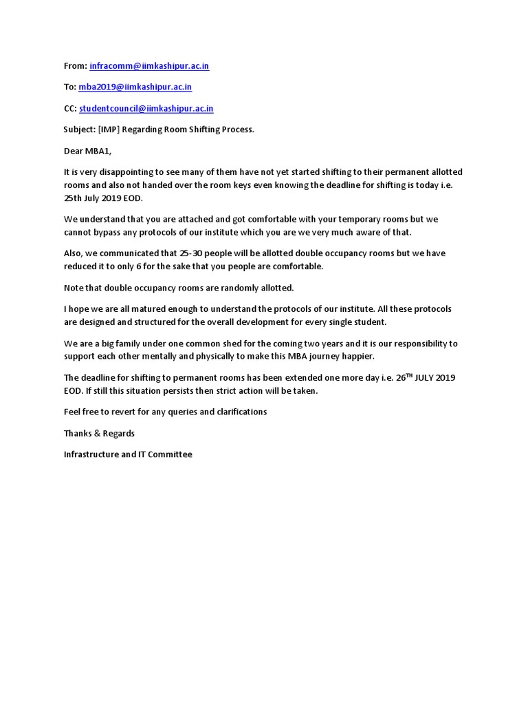 Room Shifting Deadline Reminder | PDF | Career & Growth | Business