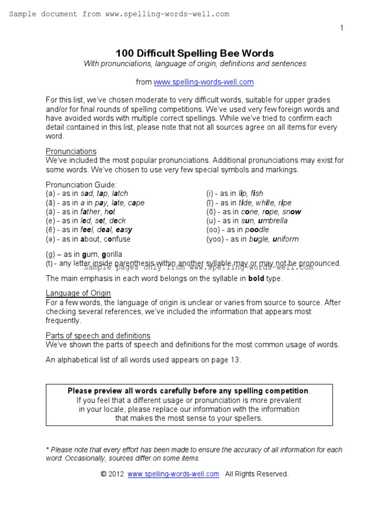 100 Difficult Spelling Bee Words With Pronunciations, Language of