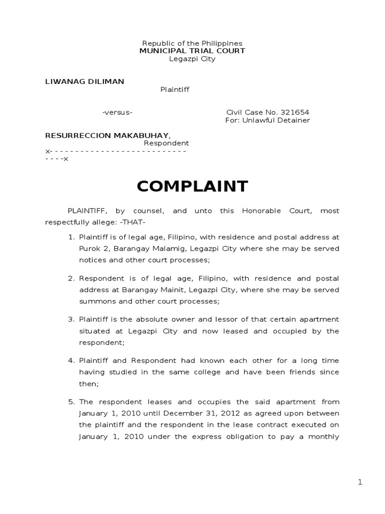 Sample Complaint For Ejectment PDF | PDF | Lease | Lawsuit