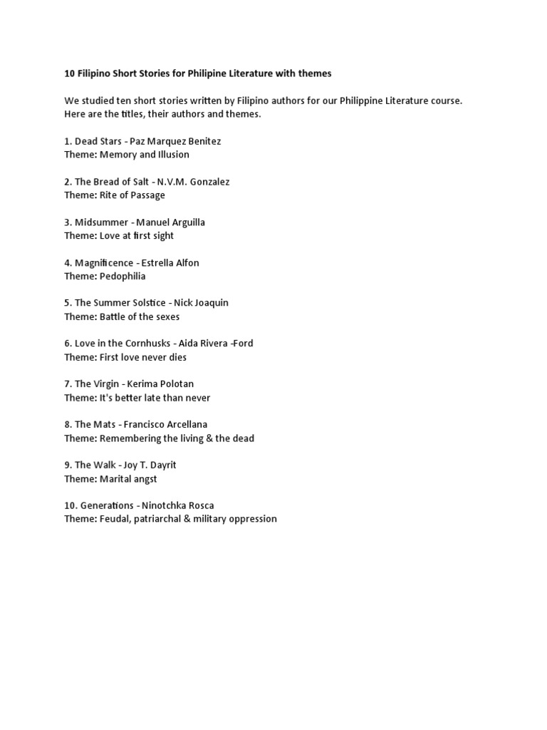 10 Filipino Short Stories For Philipine Literature With Themes PDF