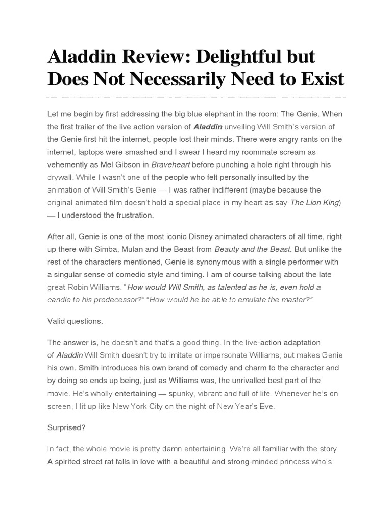 Aladdin Review Delightful But Does Not Necessarily Need To Exist Pdf