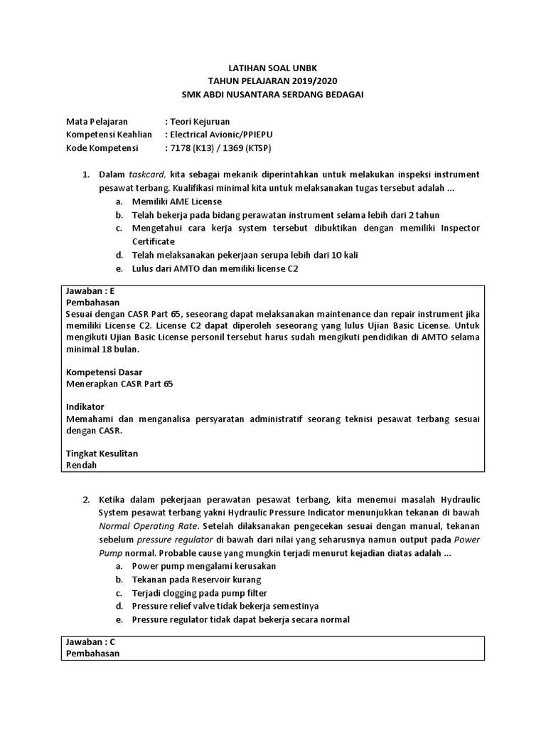 Soal Unbk Smk Electrical Avionic 1369 7178 Docx
