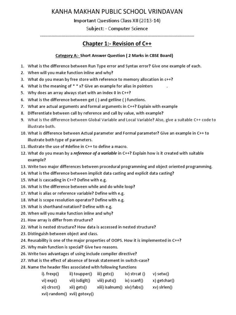 Computer Science Important Question For Class 12 C++ | PDF ...