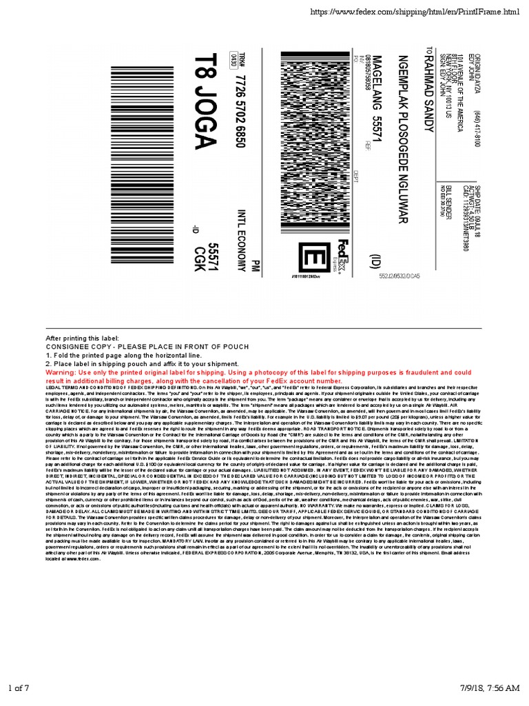 FedEx Shipping Label PDF Invoice Consignee