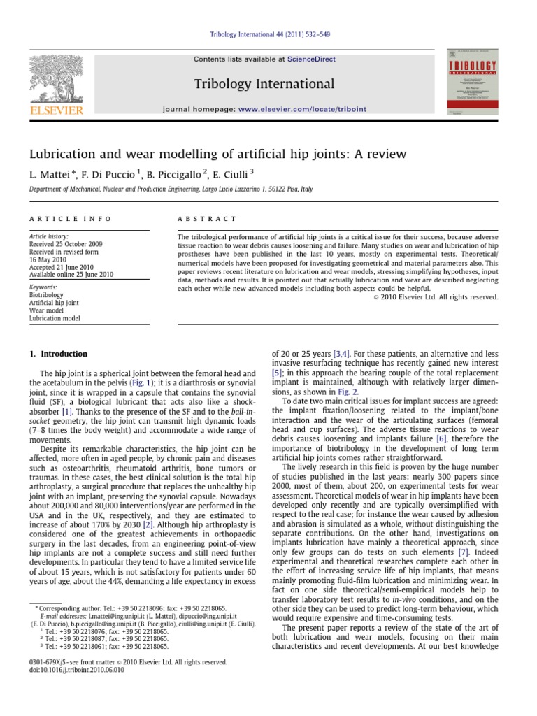 Lubrication and Wear Modelling of Artificial Hip Joints: A Review | PDF ...