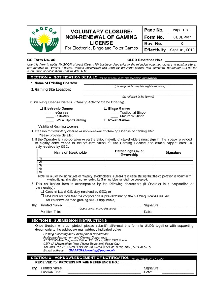 Gaming License Closure Notification Form | PDF | Government Information ...
