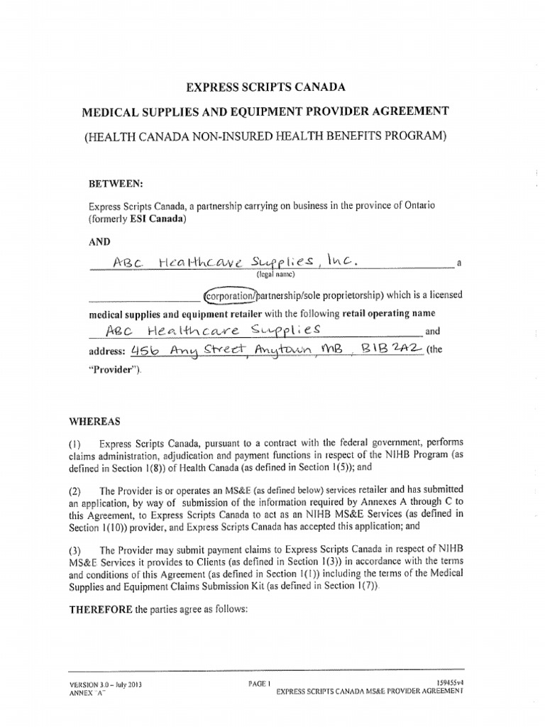 Medical Supplies and Equipment Provider Agreement Sample