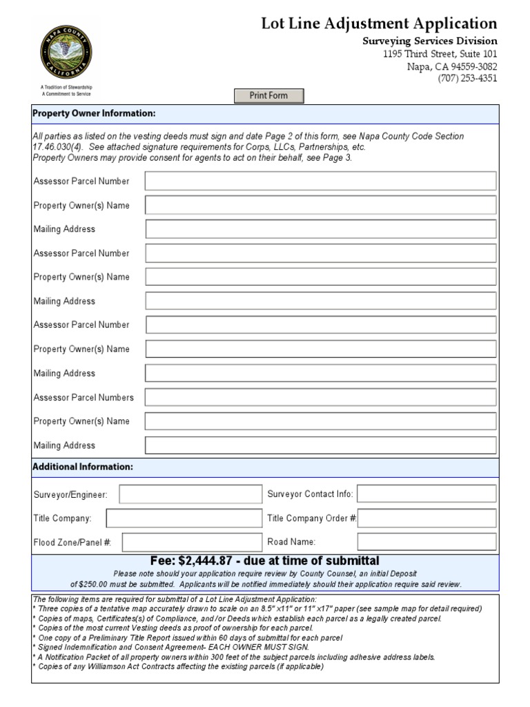 Napa Lot Line Adjustment Application | PDF | Land Lot | Indemnity