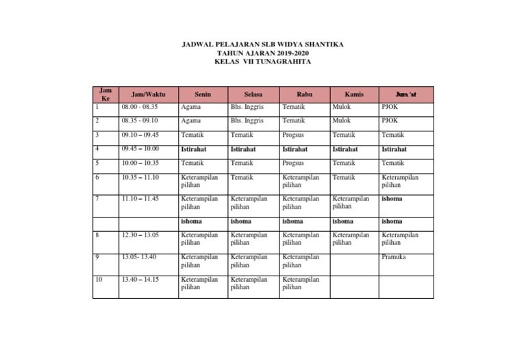 JADWAL PELAJARAN SLB WIDYA SHANTIKA TUNAGRAHITA Kelas 7 | PDF