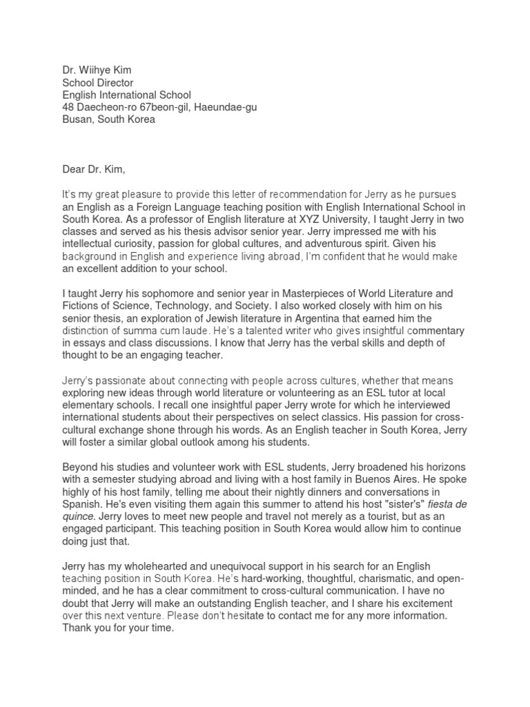 Recommendation Letter For Student From Teacher