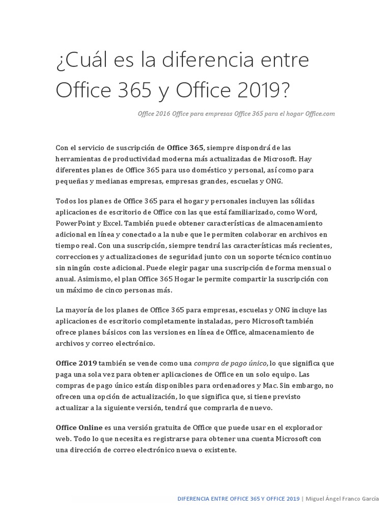 Diferencias entre Office 365 y 2019 | PDF | Microsoft Office | Oficina 365