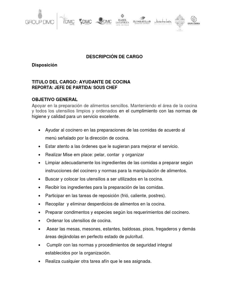 Descripción de Cargo - Ayudante de Cocina | PDF