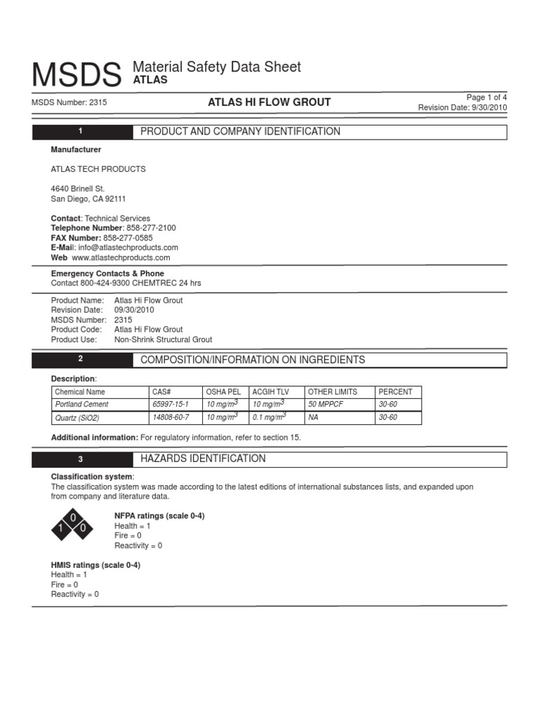 Atlas Hi Flow Grout SDS 1097983 PDF Dangerous Goods Hazardous Waste