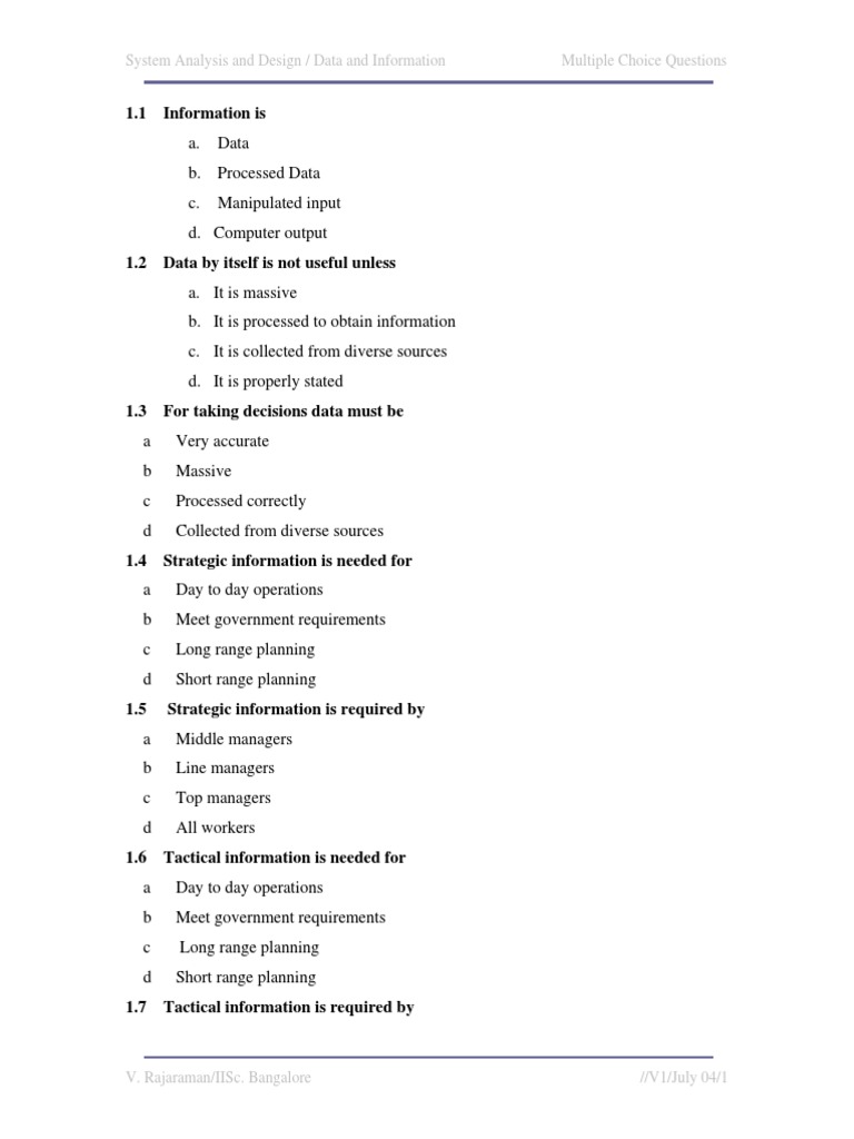 System Analysis and Design / Data and Information Multiple Choice ...