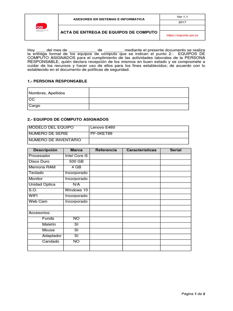 Acta Entrega Equipo | PDF | Sistema operativo | Equipo de oficina