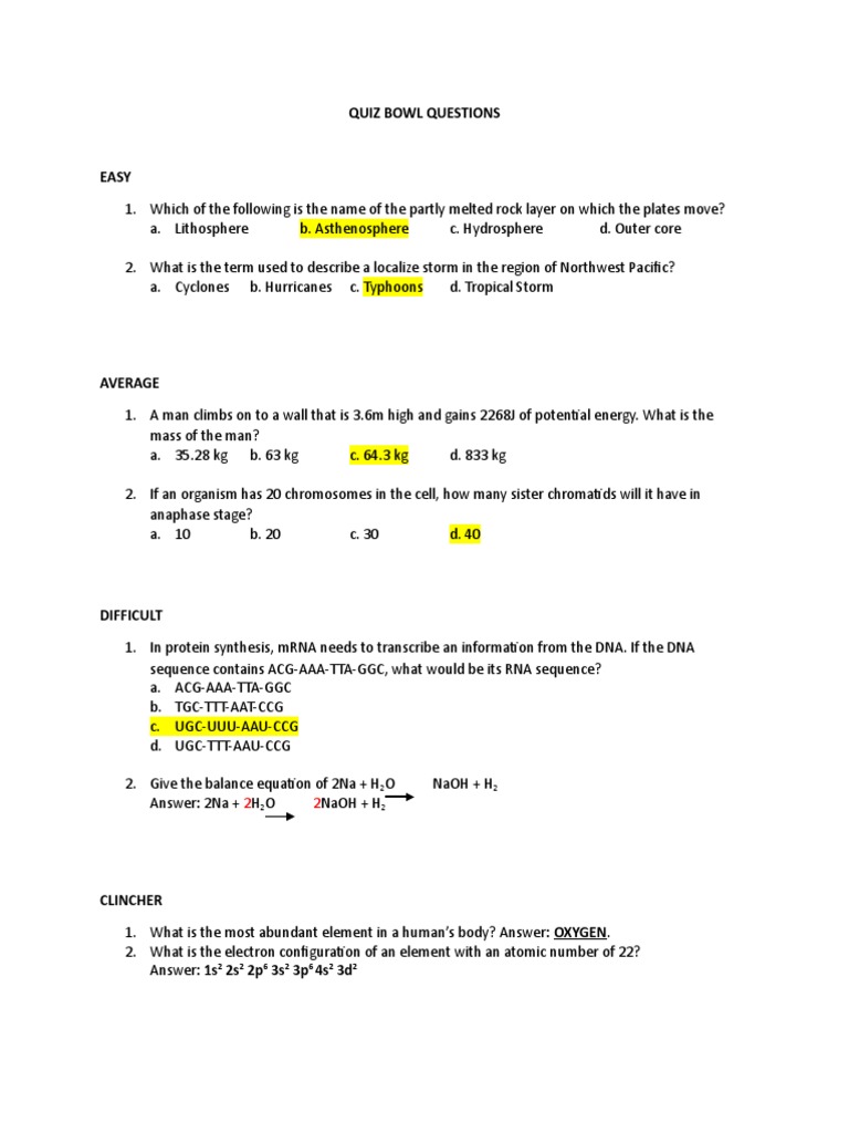 Quiz Bowl Questions PDF