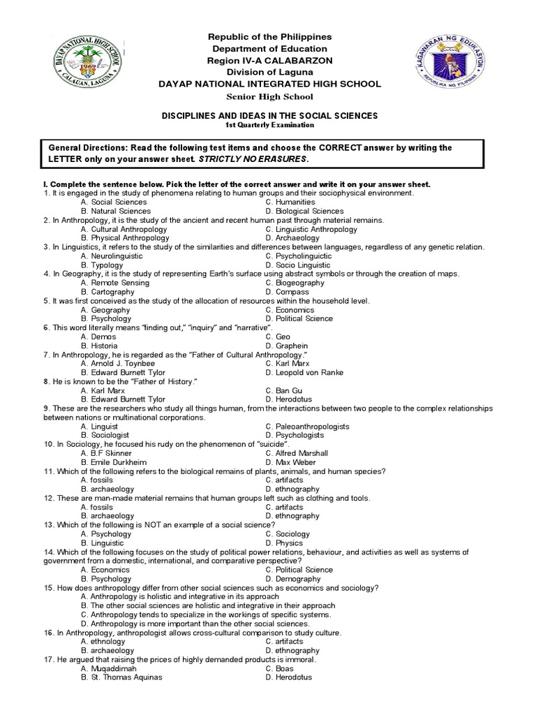 Social Sciences Quarterly Exam Guide | PDF | Anthropology | Social Science