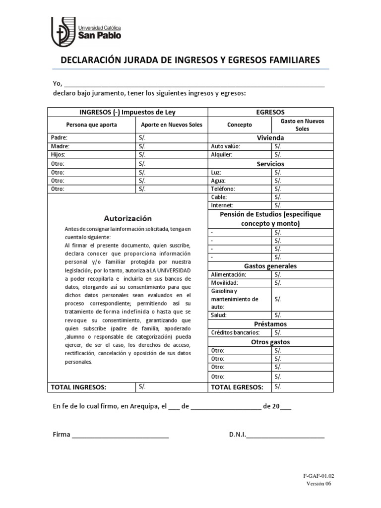 Declaración Jurada de Ingresos y Egresos | PDF | Gobierno | Business
