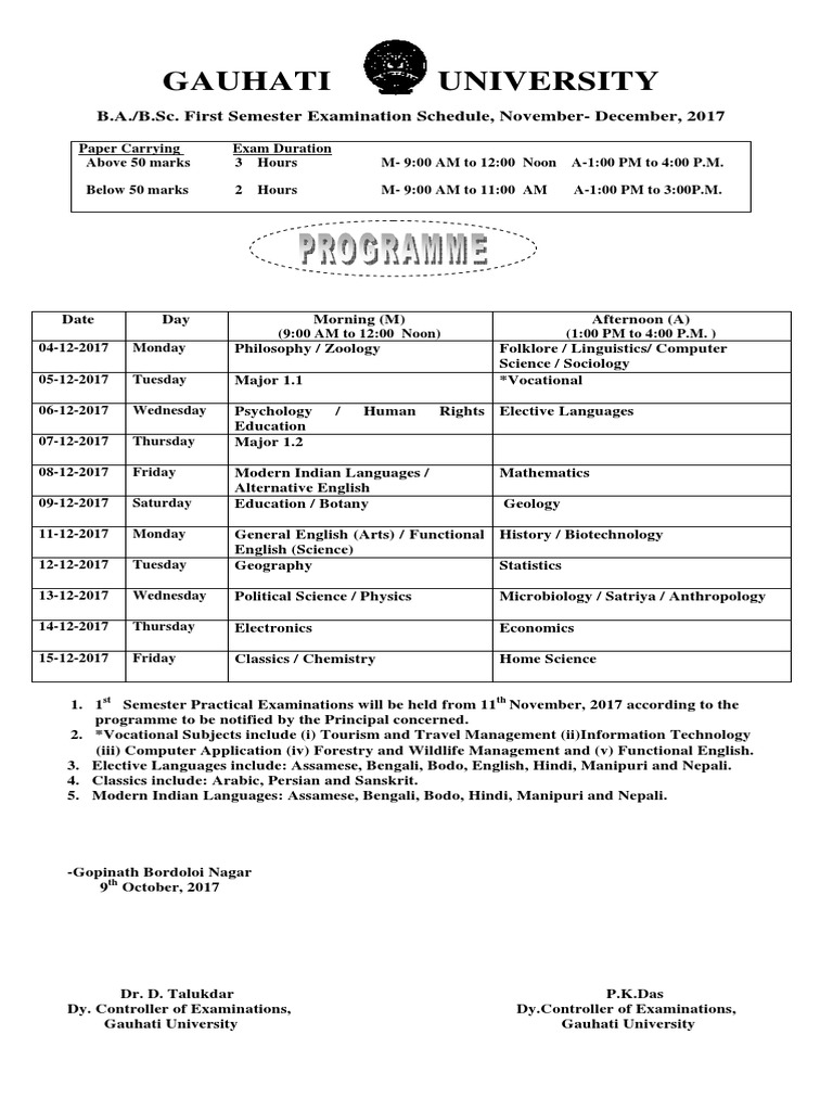 Gauhati University 1st Semester Exam Schedule | PDF | Academic Term ...