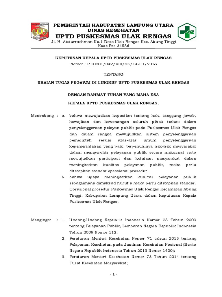 Uraian Tugas Puskesmas Ulak Rengas | PDF