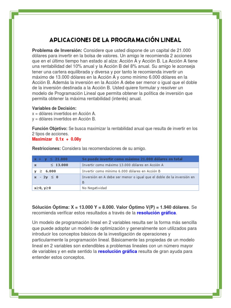 Aplicaciones de La Programación Lineal | PDF | Programación lineal ...