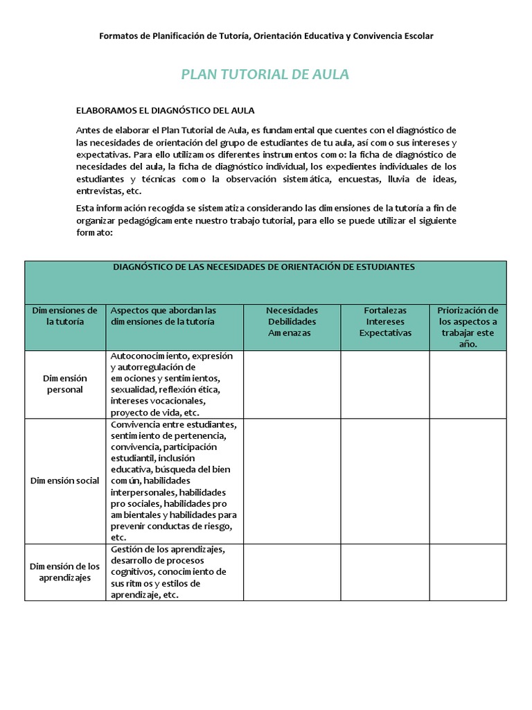 Diagnóstico y Plan de Tutoría Aula 1 | PDF | Salón de clases | Aprendizaje