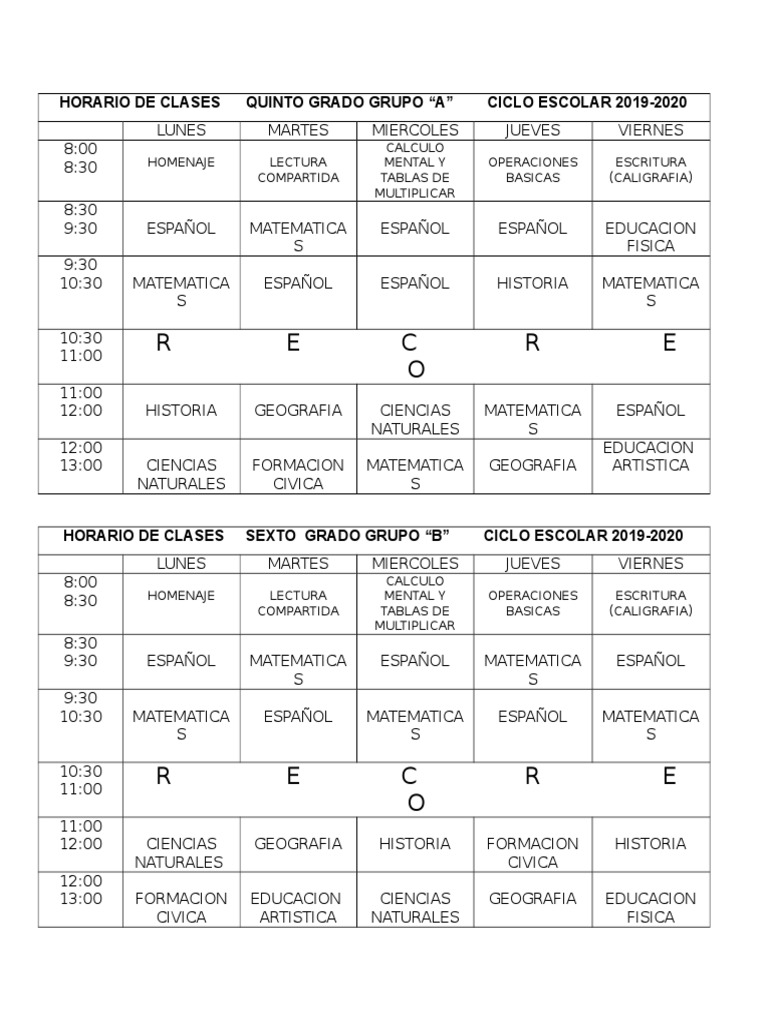 Horario de Clases Quinto Grado Grupo PDF