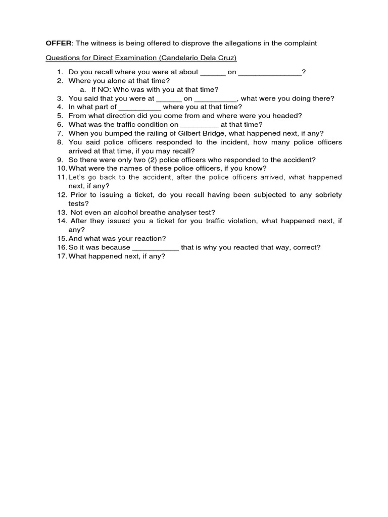 Direct Examination Questions for Witness | PDF | Mystery, Thriller ...