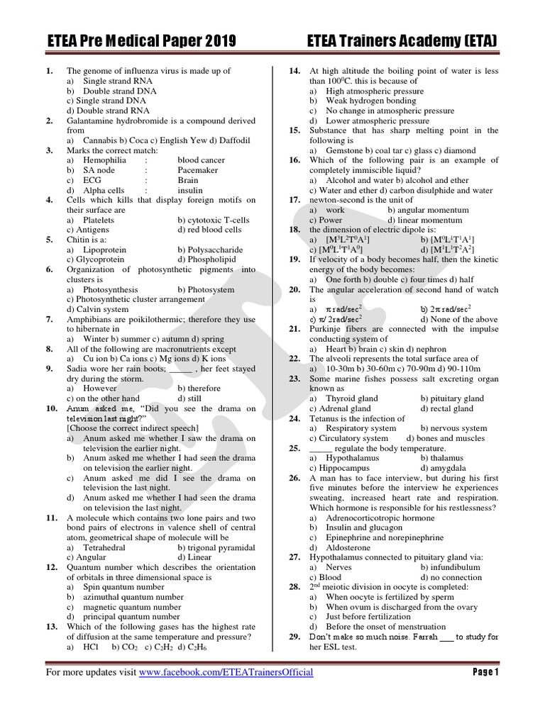 ETEA Pre Medical Paper 2019 ETEA Trainers Academy (ETA) Download Free