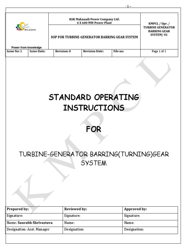 Standard Operating Instructions FOR: Turbine-Generator Barring (Turning ...