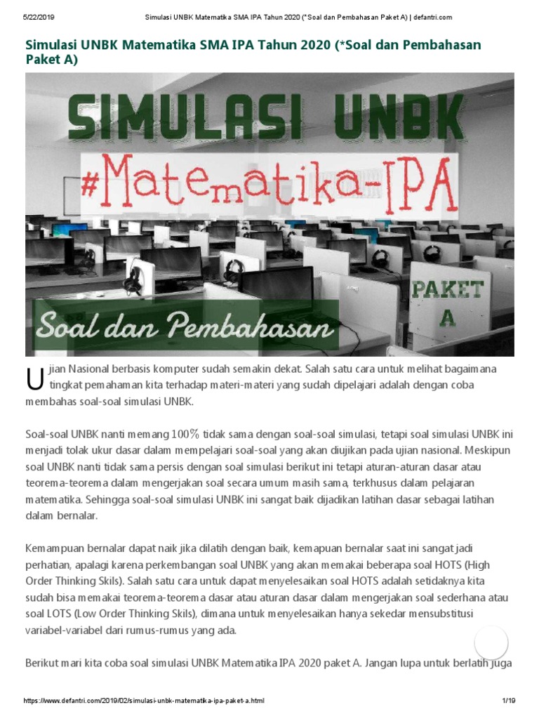 Simulasi Unbk Matematika Sma Ipa Soal Paket A