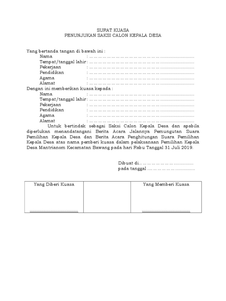 Surat Kuasa Saksi Pilkades