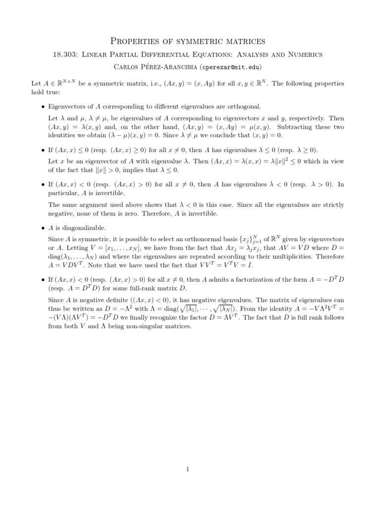 Properties of Symmetric Matrices in 18.303 | PDF