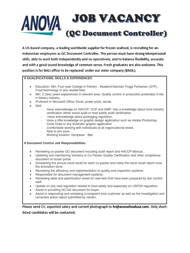 QC Document Controller Job in Bali | PDF | Hazard Analysis And Critical ...