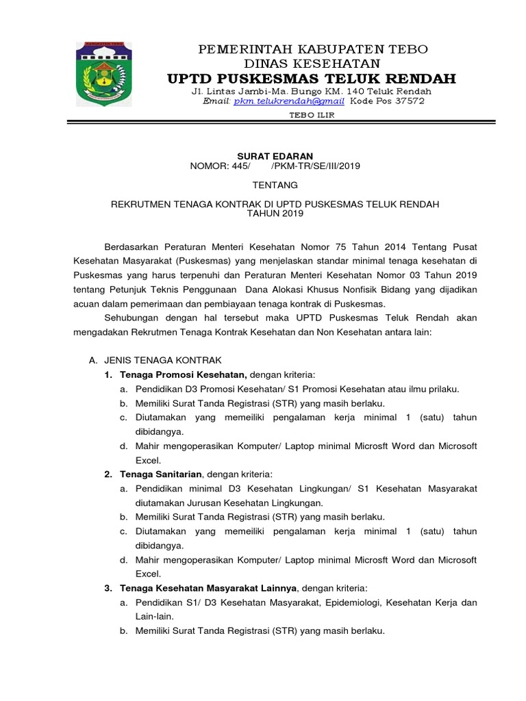 Rekrutmen Tenaga Kontrak Puskesmas 2019 | PDF | Karier & Perkembangan ...
